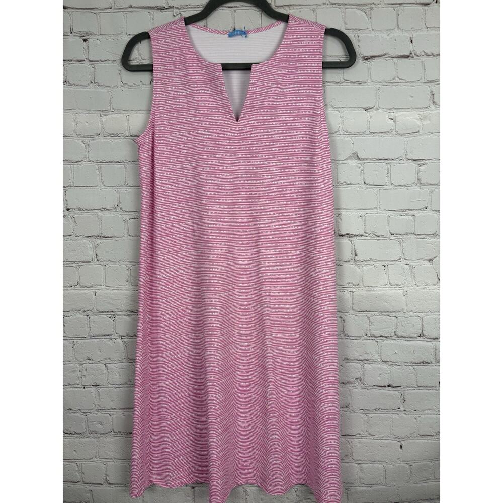 J McLaughlin Women M Shift Dress Stripe Dot Pink Sleeveless Knee Length Stretch